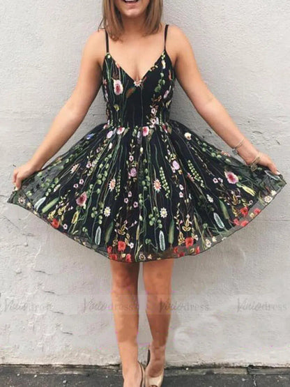 Black Floral Homecoming Dresses Spaghetti Strap SD1082-Homecoming Dresses 2025 -Viniodress-Black-Custom Size-