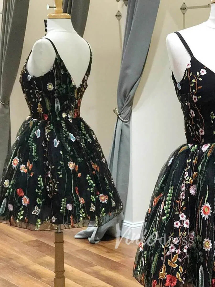 Short Prom Dresses 2025 Black Floral Homecoming Dresses Spaghetti Strap SD1082-homecoming dresses-Viniodress-Black-Custom Size-Viniodress