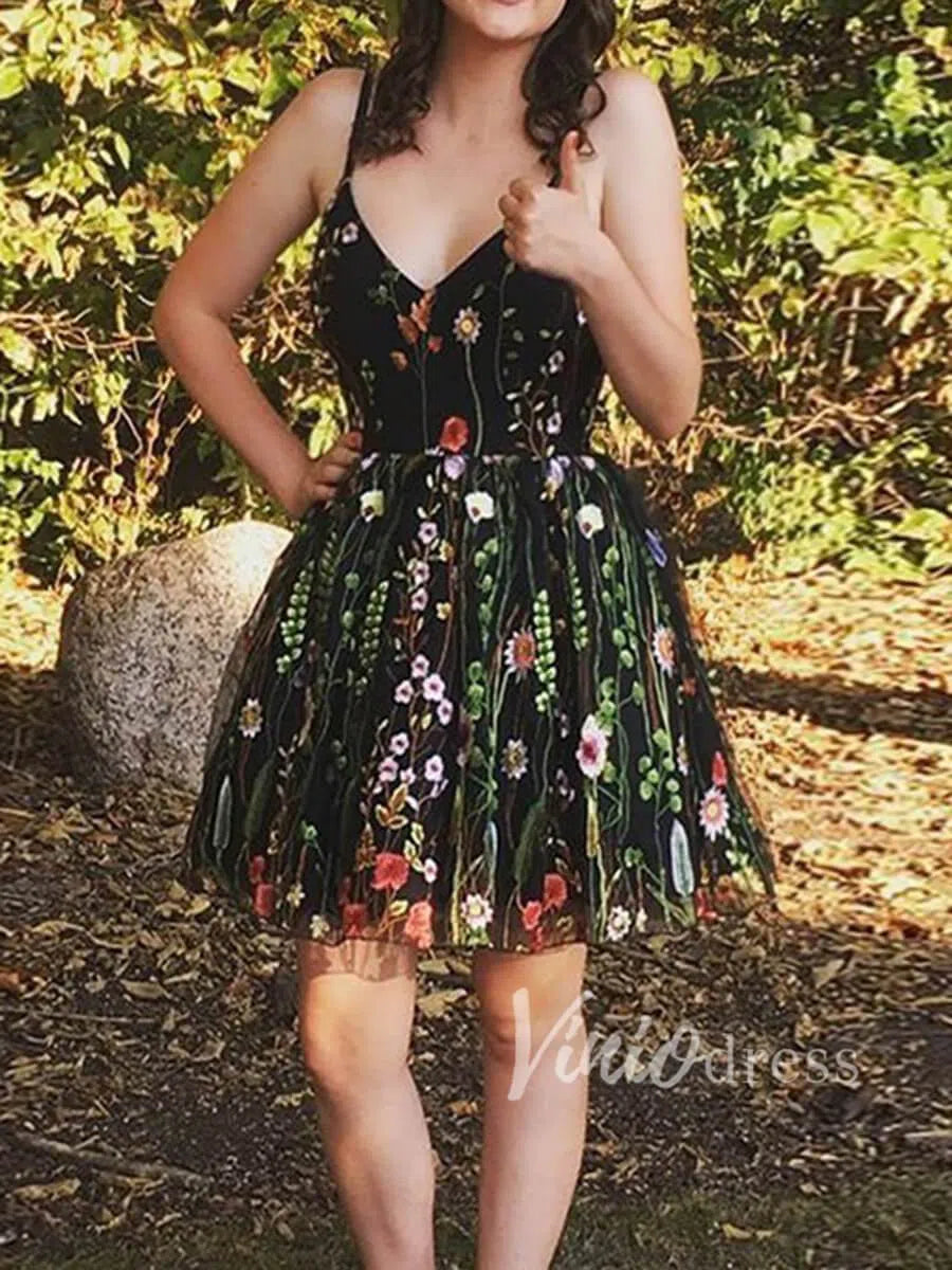 Short Prom Dresses 2025 Black Floral Homecoming Dresses Spaghetti Strap SD1082-homecoming dresses-Viniodress-Black-Custom Size-Viniodress