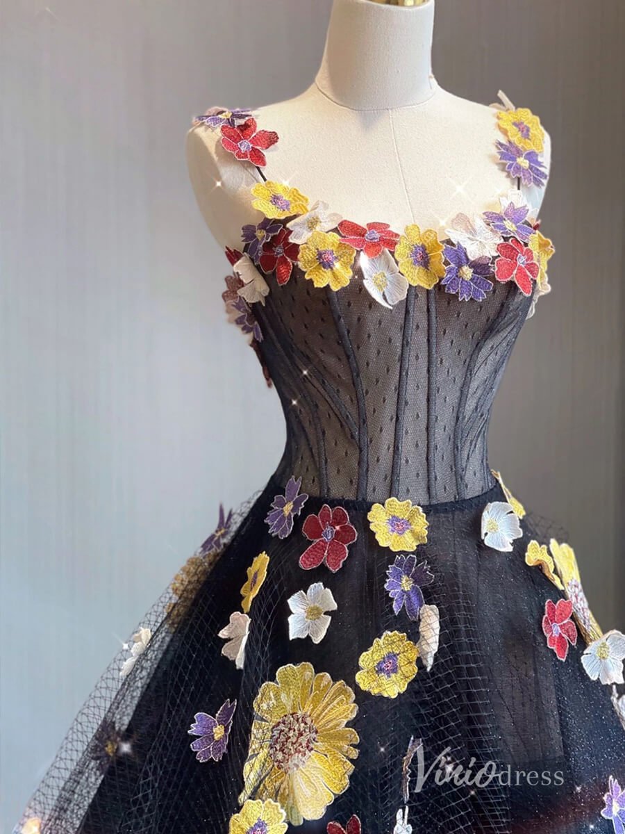 Black Floral Lace Applique Prom Dresses Spaghetti Strap Formal Dress AD1116-prom dresses 2025 -Viniodress-Black-Custom Size-