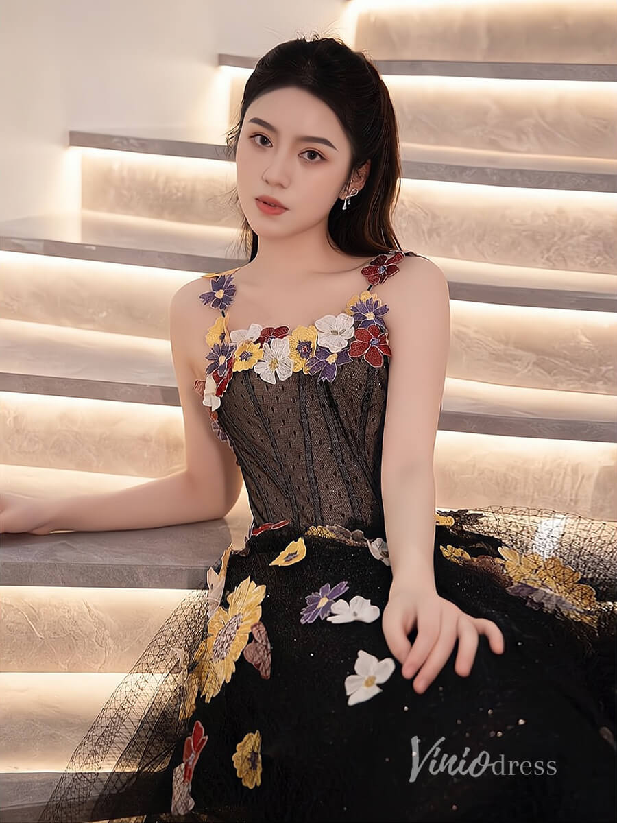 Black Floral Lace Applique Prom Dresses Spaghetti Strap Formal Dress AD1116-prom dresses 2025 -Viniodress-Black-Custom Size-