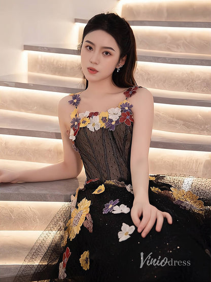 Black Floral Lace Applique Prom Dresses Spaghetti Strap Formal Dress AD1116-prom dresses 2025 -Viniodress-Black-Custom Size-