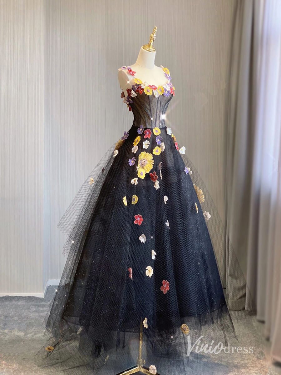 Black Floral Lace Applique Prom Dresses Spaghetti Strap Formal Dress AD1116-prom dresses 2025 -Viniodress-Black-Custom Size-