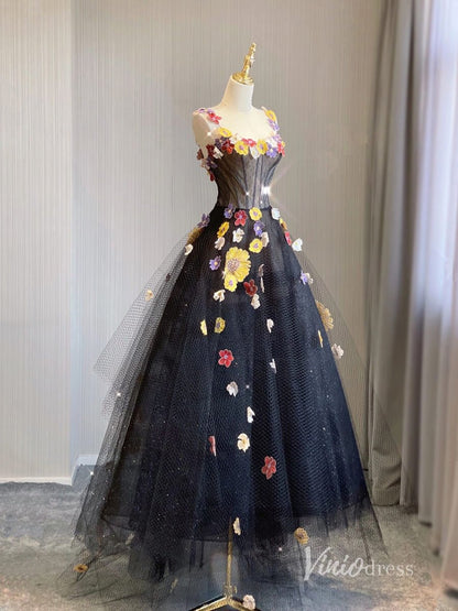 Black Floral Lace Applique Prom Dresses Spaghetti Strap Formal Dress AD1116-prom dresses 2025 -Viniodress-Black-Custom Size-