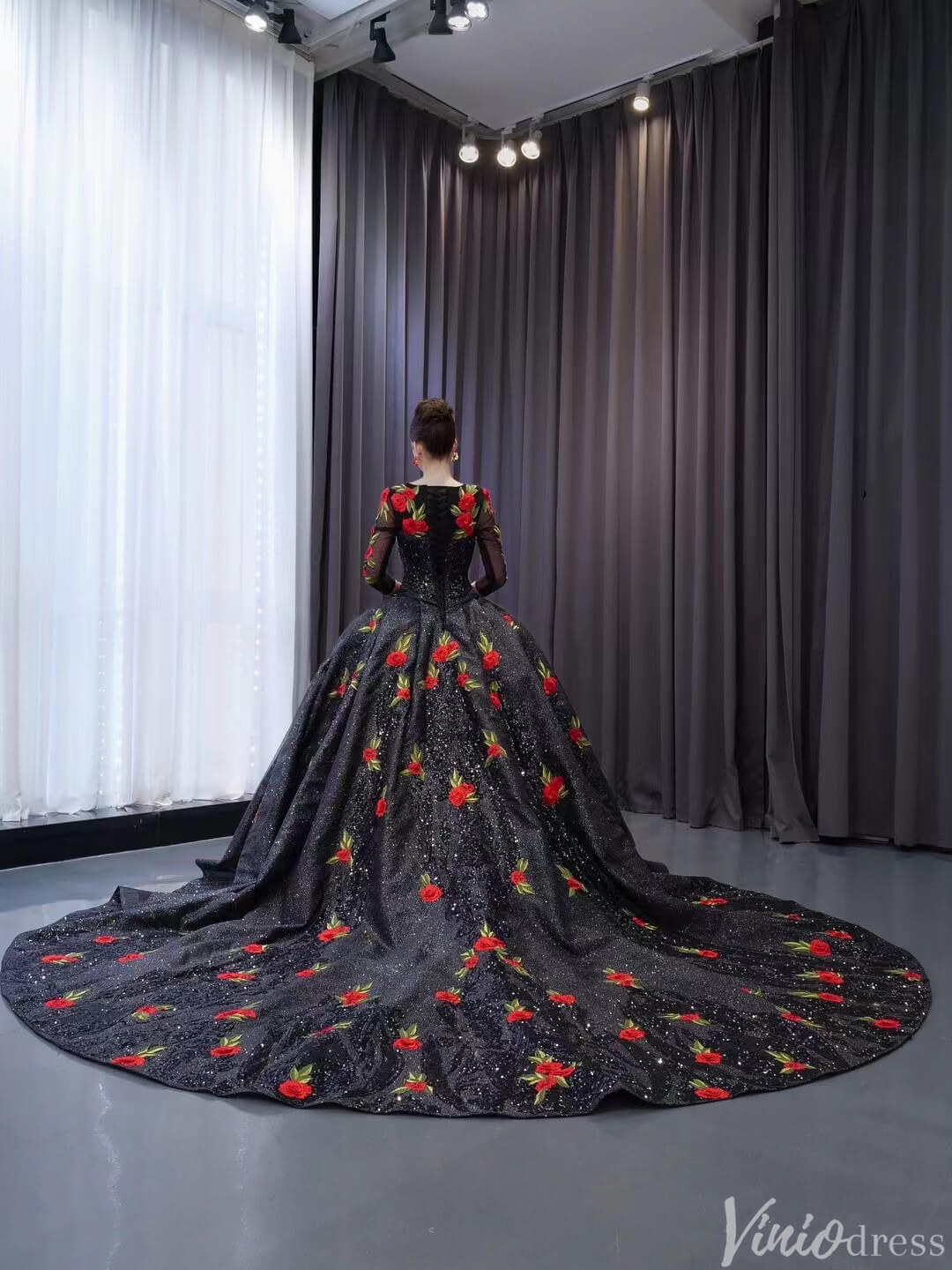 Black Floral Lace Rosette Wedding Dresses Sparkly Long Sleeve Quinceanera Dress 241038-Quinceanera Dresses 2025 -Viniodress-Black-Custom Size-