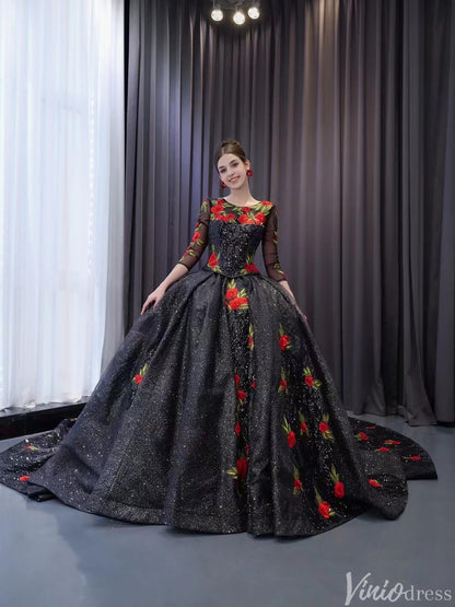 Black Floral Lace Rosette Wedding Dresses Sparkly Long Sleeve Quinceanera Dress 241038-Quinceanera Dresses 2025 -Viniodress-Black-Custom Size-
