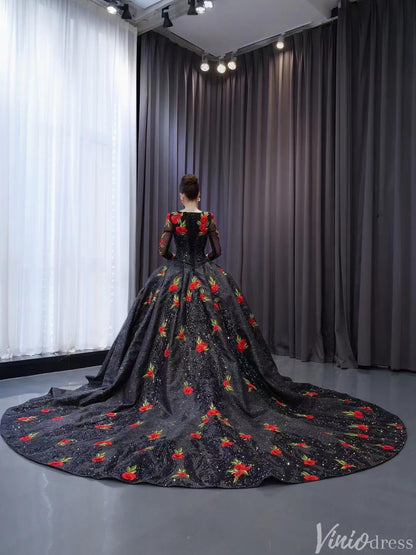 Black Floral Lace Rosette Wedding Dresses Sparkly Long Sleeve Quinceanera Dress 241038-Quinceanera Dresses 2025 -Viniodress-Black-Custom Size-