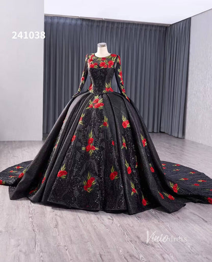 Black Floral Lace Rosette Wedding Dresses Sparkly Long Sleeve Quinceanera Dress 241038-Quinceanera Dresses 2025 -Viniodress-Black-Custom Size-