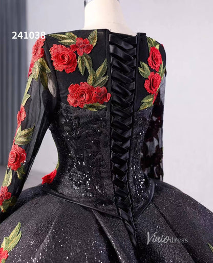Black Floral Lace Rosette Wedding Dresses Sparkly Long Sleeve Quinceanera Dress 241038-Quinceanera Dresses 2025 -Viniodress-Black-Custom Size-