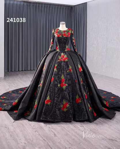 Black Floral Lace Rosette Wedding Dresses Sparkly Long Sleeve Quinceanera Dress 241038-Quinceanera Dresses 2025 -Viniodress-Black-Custom Size-