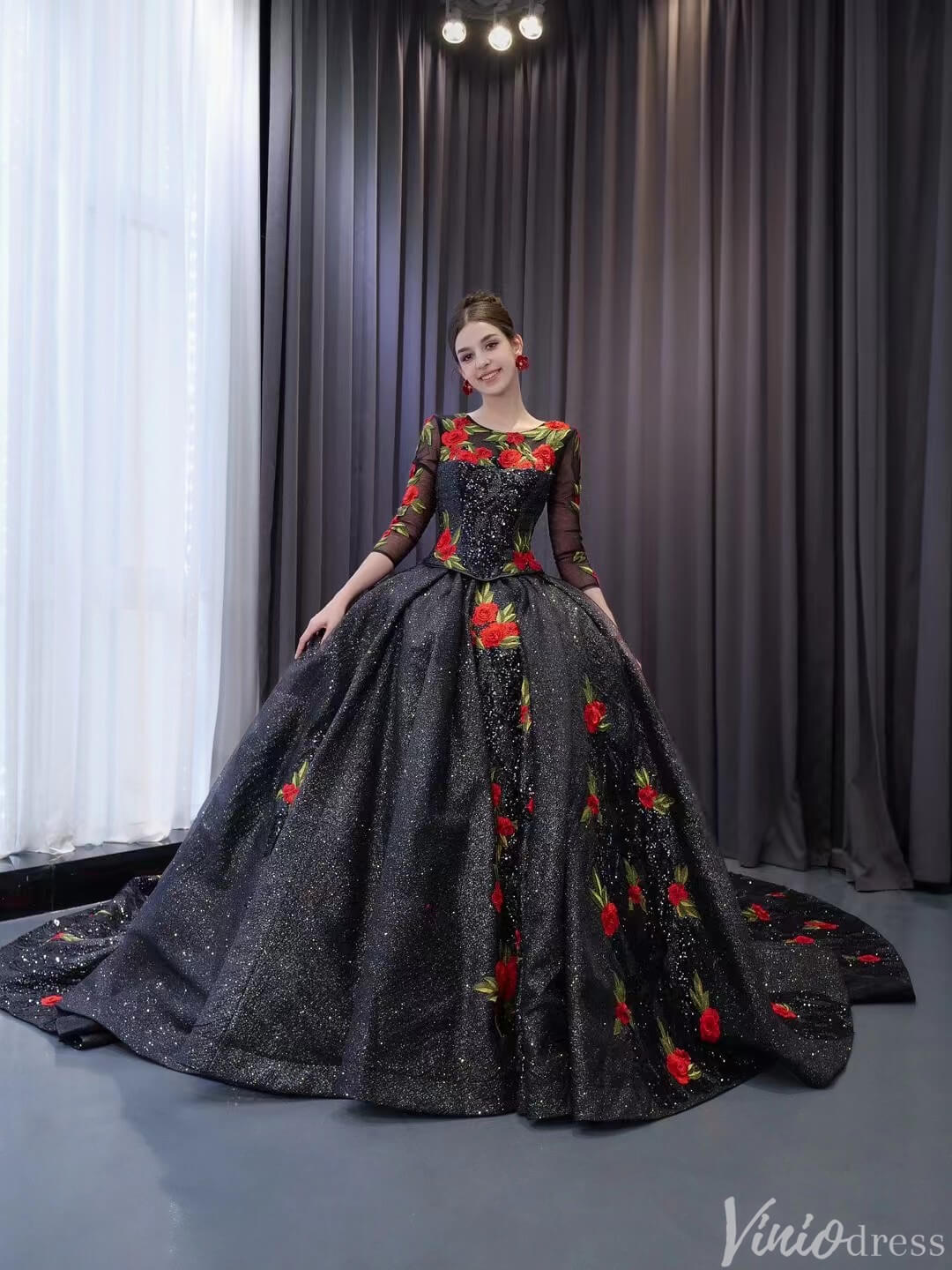 Black Floral Lace Rosette Wedding Dresses Sparkly Long Sleeve Quinceanera Dress 241038 - ViniodressQuinceanera DressesBlackCustom Size - Formal Dresses - Ball Gowns