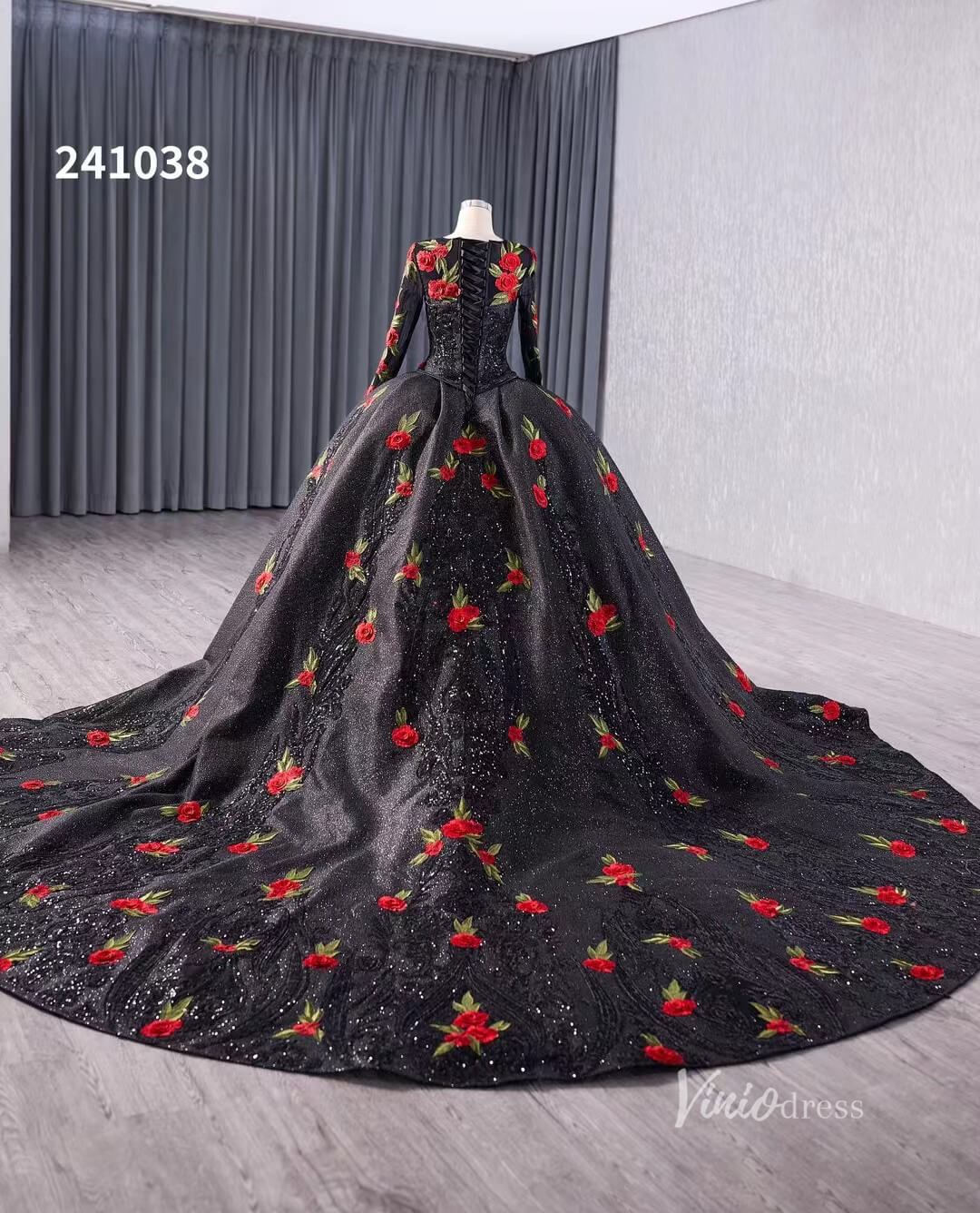 Black Floral Lace Rosette Wedding Dresses Sparkly Long Sleeve Quinceanera Dress 241038 - ViniodressQuinceanera DressesBlackCustom Size - Formal Dresses - Ball Gowns