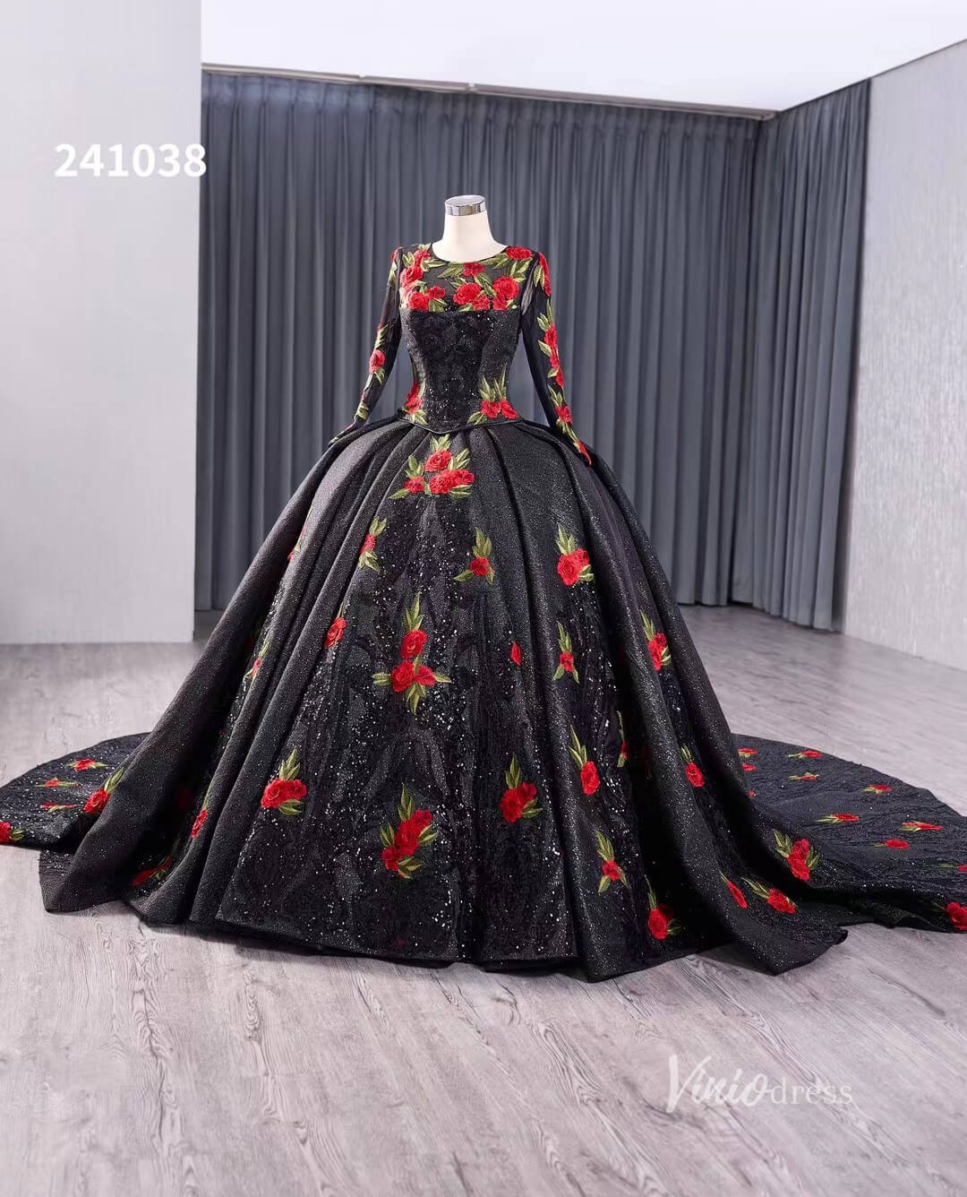 Black Floral Lace Rosette Wedding Dresses Sparkly Long Sleeve Quinceanera Dress 241038-Quinceanera Dresses-Viniodress-Viniodress