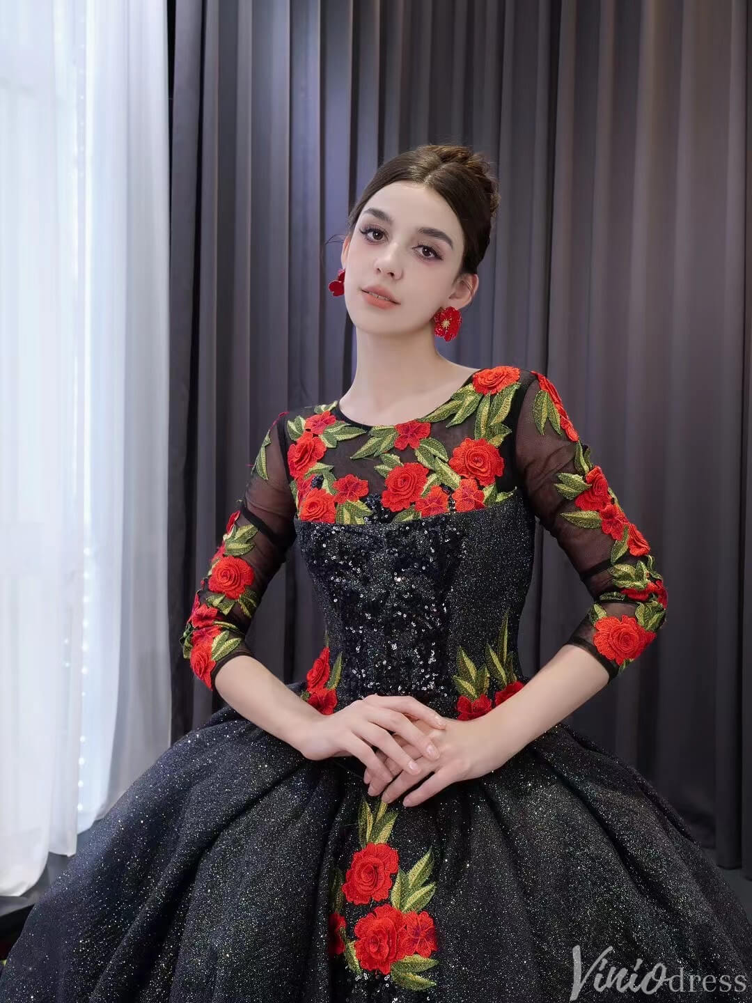 Black Floral Lace Rosette Wedding Dresses Sparkly Long Sleeve Quinceanera Dress 241038-Quinceanera Dresses-Viniodress-Viniodress