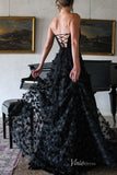 Black Floral Lace Strapless Prom Dresses with Slit Satin Bodice Lace-up Back FD4055-prom dresses-Viniodress-Viniodress