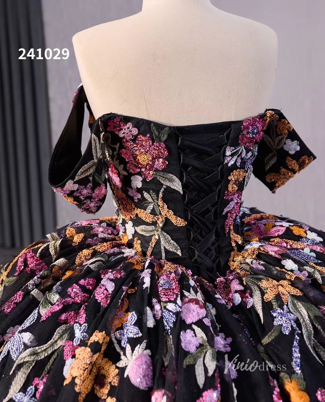 Black Floral Lace Wedding Dresses Off the Shoulder Quinceanera Dress 241029-Quinceanera Dresses 2025 -Viniodress-Black-Custom Size-