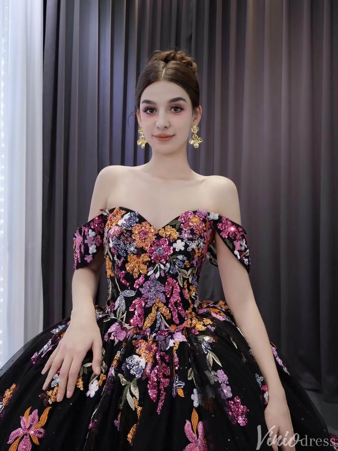 Black Floral Lace Wedding Dresses Off the Shoulder Quinceanera Dress 241029-Quinceanera Dresses 2025 -Viniodress-Black-Custom Size-