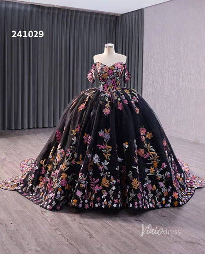 Black Floral Lace Wedding Dresses Off the Shoulder Quinceanera Dress 241029-Quinceanera Dresses 2025 -Viniodress-Black-Custom Size-