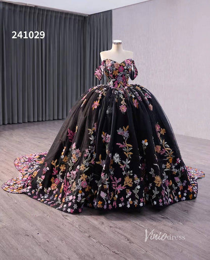 Black Floral Lace Wedding Dresses Off the Shoulder Quinceanera Dress 241029-Quinceanera Dresses 2025 -Viniodress-Black-Custom Size-
