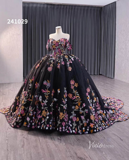 Black Floral Lace Wedding Dresses Off the Shoulder Quinceanera Dress 241029-Quinceanera Dresses 2025 -Viniodress-Black-Custom Size-