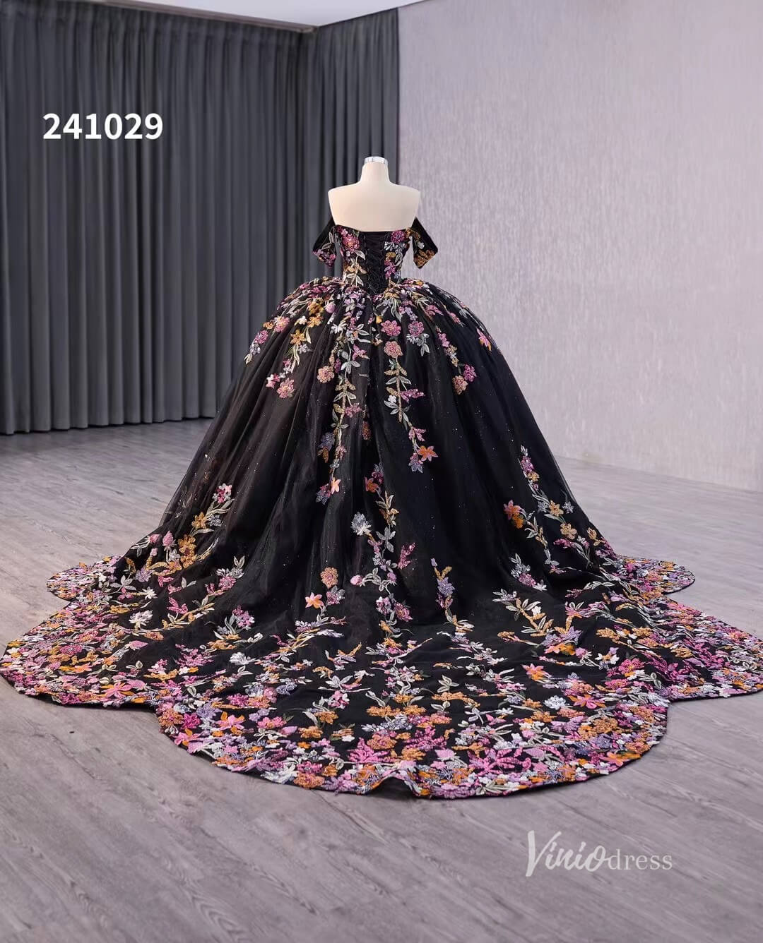 Black Floral Lace Wedding Dresses Off the Shoulder Quinceanera Dress 241029-Quinceanera Dresses 2025 -Viniodress-Black-Custom Size-
