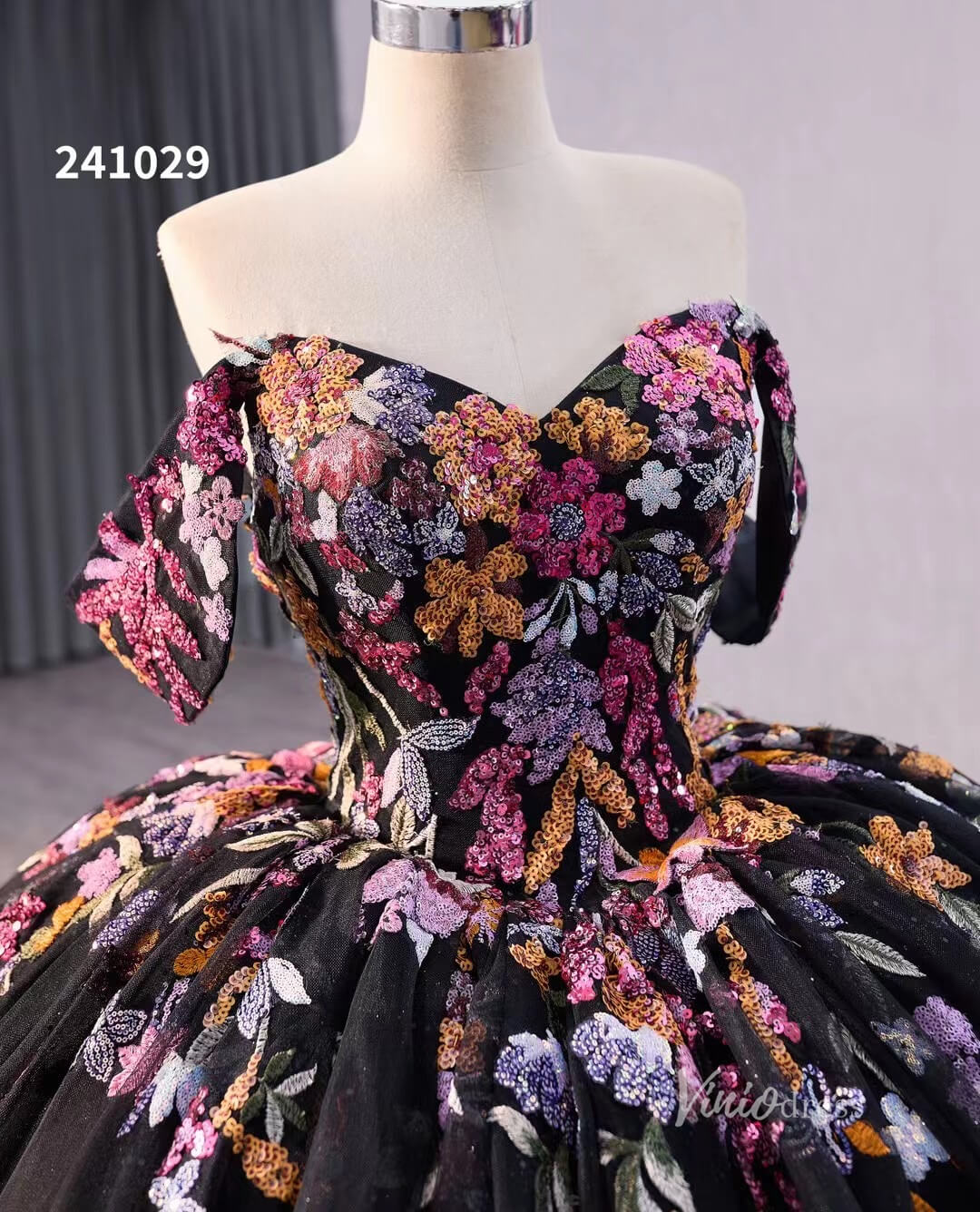 Black Floral Lace Wedding Dresses Off the Shoulder Quinceanera Dress 241029-Quinceanera Dresses 2025 -Viniodress-Black-Custom Size-
