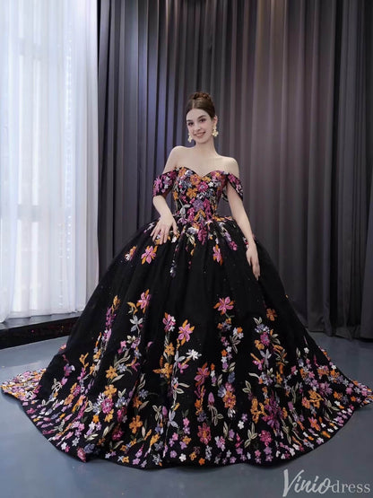 Black Floral Lace Wedding Dresses Off the Shoulder Quinceanera Dress 241029-Quinceanera Dresses 2025 -Viniodress-Black-Custom Size-