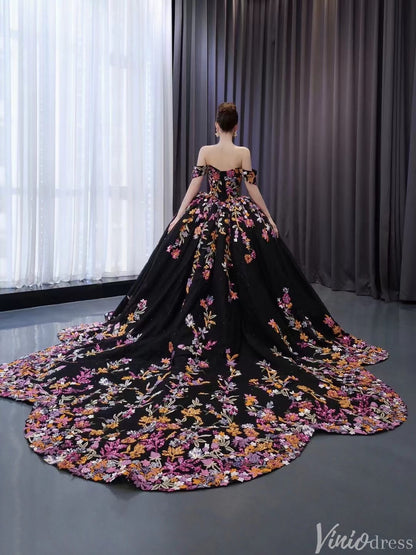 Black Floral Lace Wedding Dresses Off the Shoulder Quinceanera Dress 241029-Quinceanera Dresses 2025 -Viniodress-Black-Custom Size-
