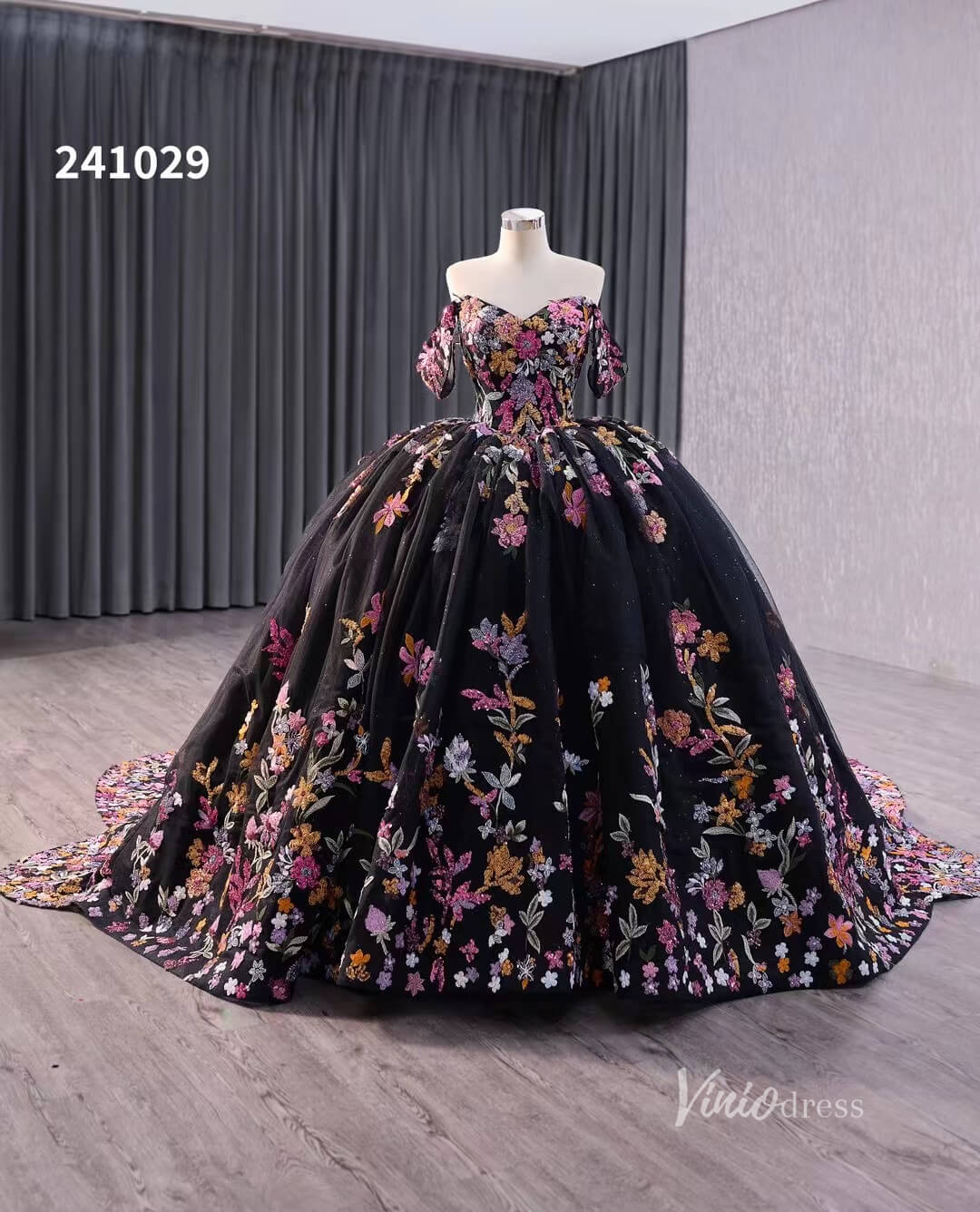 quinceanera dresses black and pink Black Floral Lace Wedding Dresses Off the Shoulder Quinceanera Dress 2 –  Viniodress
