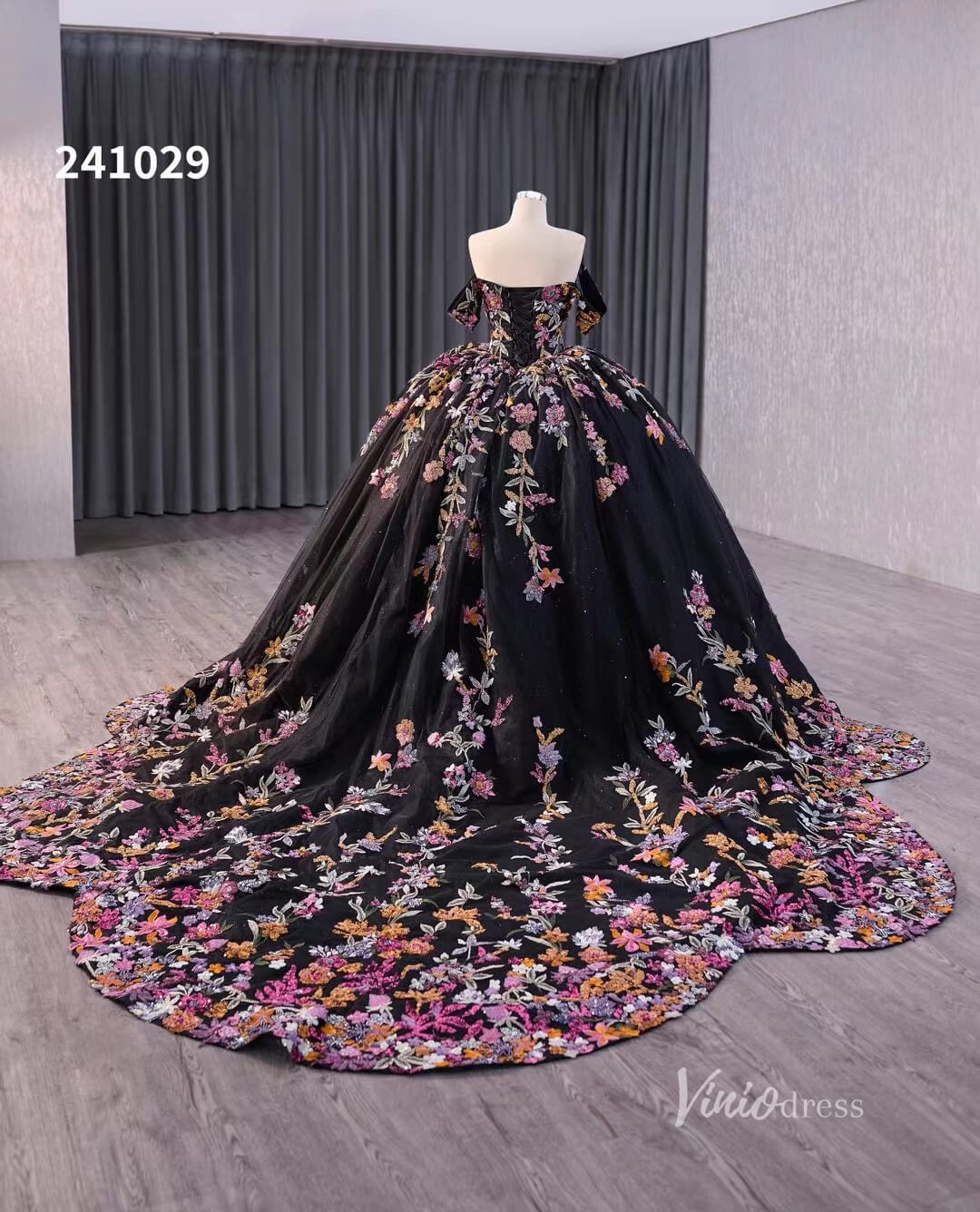 Black Floral Lace Wedding Dresses Off the Shoulder Quinceanera Dress 241029 - ViniodressQuinceanera DressesBlackCustom Size - Formal Dresses - Ball Gowns