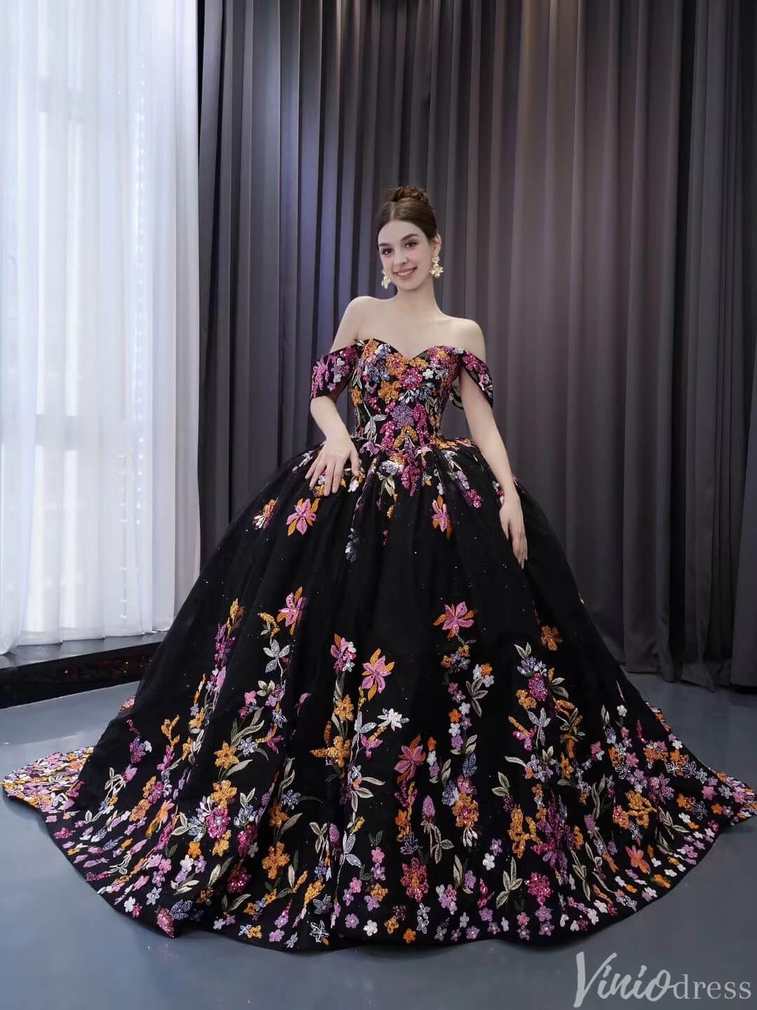 Black Floral Lace Wedding Dresses Off the Shoulder Quinceanera Dress 241029 - ViniodressQuinceanera DressesBlackCustom Size - Formal Dresses - Ball Gowns