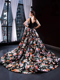 Black Floral Long Prom Dresses V Neck Beaded Princess Dress FD1158 viniodress-prom dresses-Viniodress-Viniodress