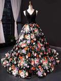 Black Floral Long Prom Dresses V Neck Beaded Princess Dress FD1158 viniodress-prom dresses-Viniodress-Viniodress