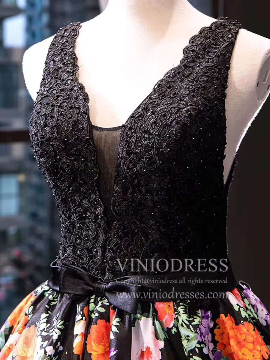 Black Floral Long Prom Dresses V Neck Beaded Princess Dress FD1158 viniodress-prom dresses-Viniodress-Viniodress