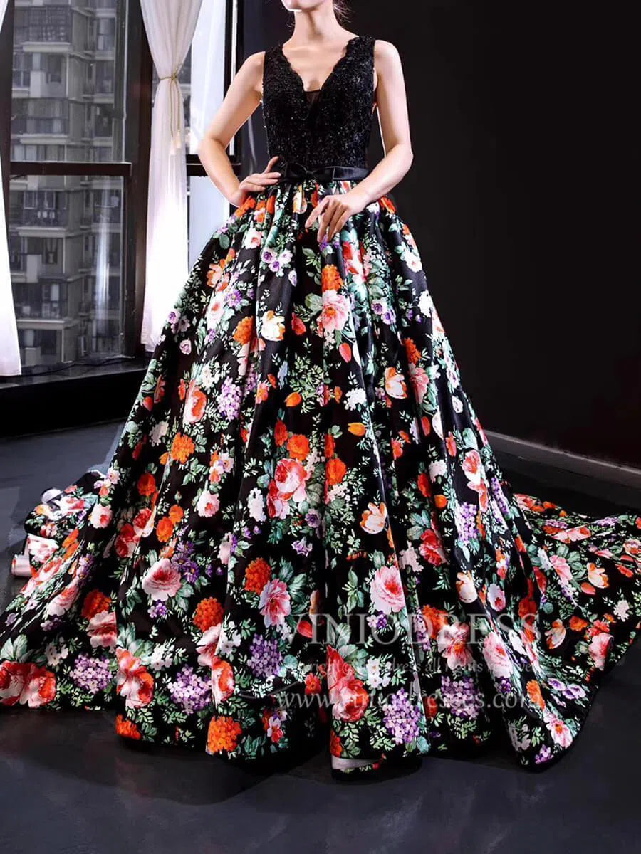 Black Floral Long Prom Dresses V Neck Beaded Princess Dress FD1158 viniodress-prom dresses-Viniodress-As Picture-Custom Size-Viniodress