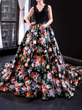 Black Floral Long Prom Dresses V Neck Beaded Princess Dress FD1158 viniodress