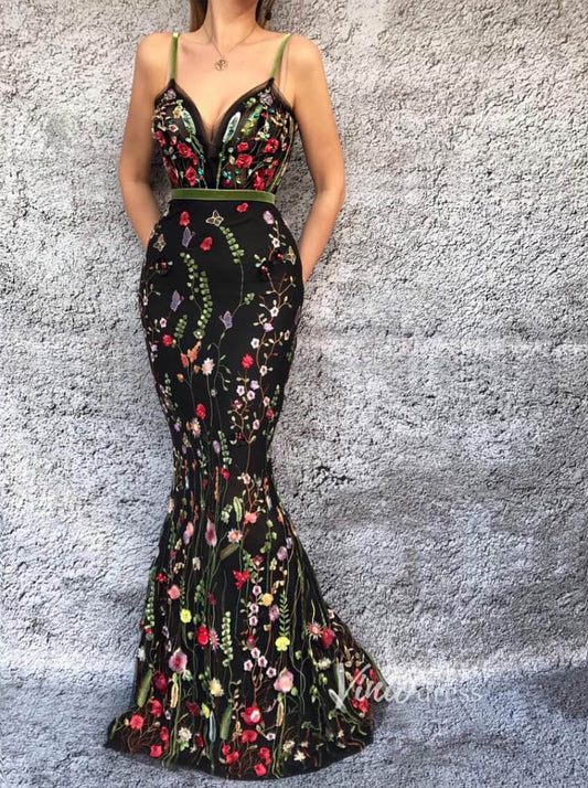 Black Floral Mermaid Prom Dress V-neck Spaghetti Strap Formal Dress FD2783-prom dresses 2025 -Viniodress-Black-Custom Size-