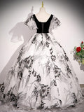 Prom Dress 2025 Black Floral Print Tulle Prom Ball Gown with Belt Short Sleeve Quinceanera Dresses BG050-unique prom dresses-Black-Custom Size-Viniodress