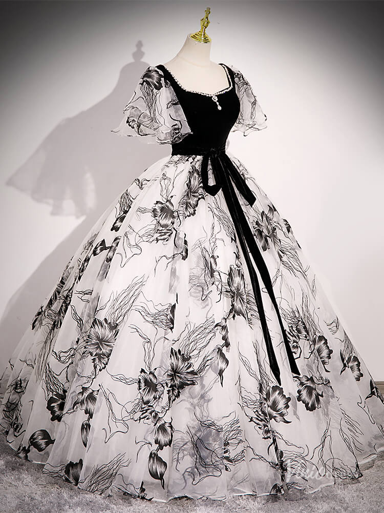 Black Floral Prom Dresses with Puffed Sleeves, Corset Back Quinceanera Dresses BG050-prom dresses 2025 -Viniodress-Black-Custom Size-