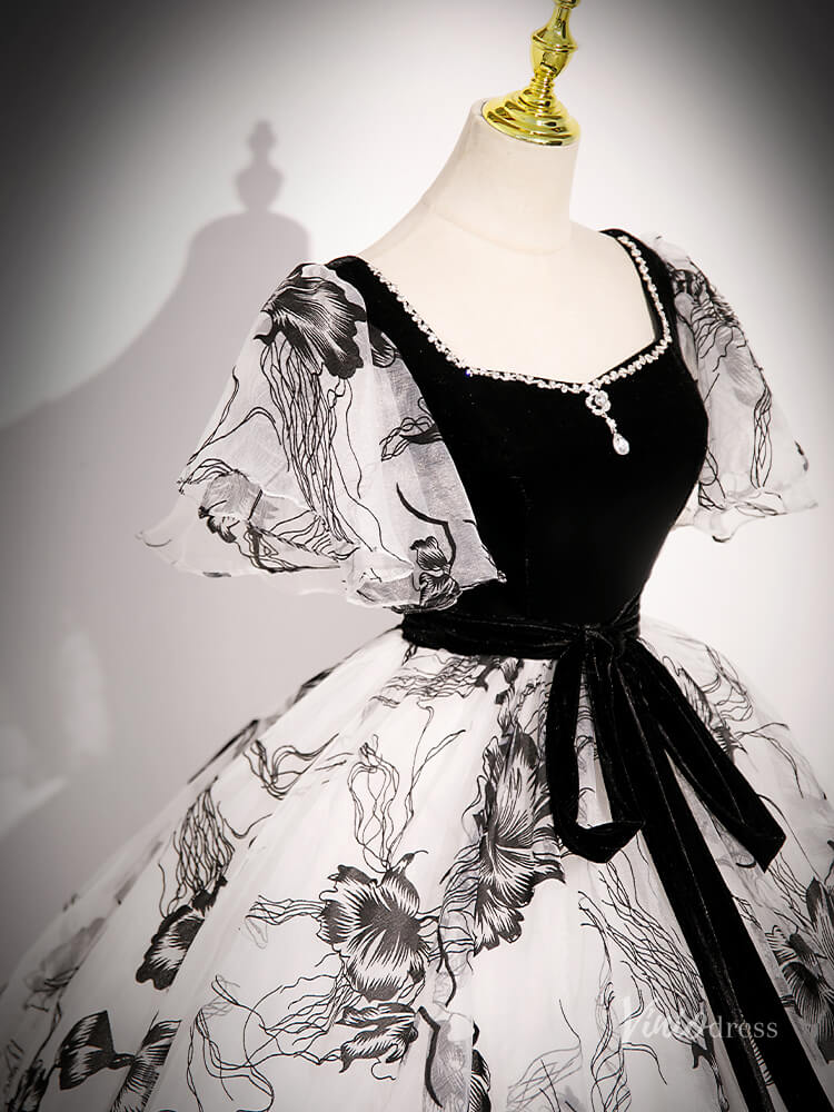 Black Floral Prom Dresses with Puffed Sleeves, Corset Back Quinceanera Dresses BG050-prom dresses 2025 -Viniodress-Black-Custom Size-