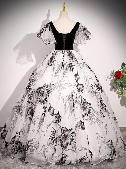 Black Floral Prom Dresses with Puffed Sleeves, Corset Back Quinceanera Dresses BG050-prom dresses 2025 -Viniodress-Black-Custom Size-