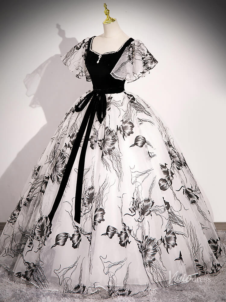 Black Floral Prom Dresses with Puffed Sleeves, Corset Back Quinceanera Dresses BG050-prom dresses 2025 -Viniodress-Black-Custom Size-