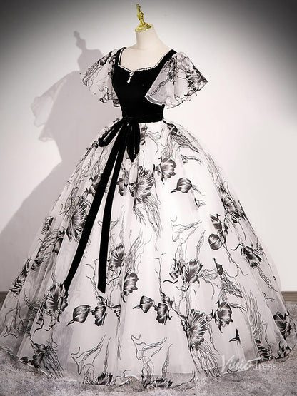 Black Floral Prom Dresses with Puffed Sleeves, Corset Back Quinceanera Dresses BG050-prom dresses 2025 -Viniodress-Black-Custom Size-