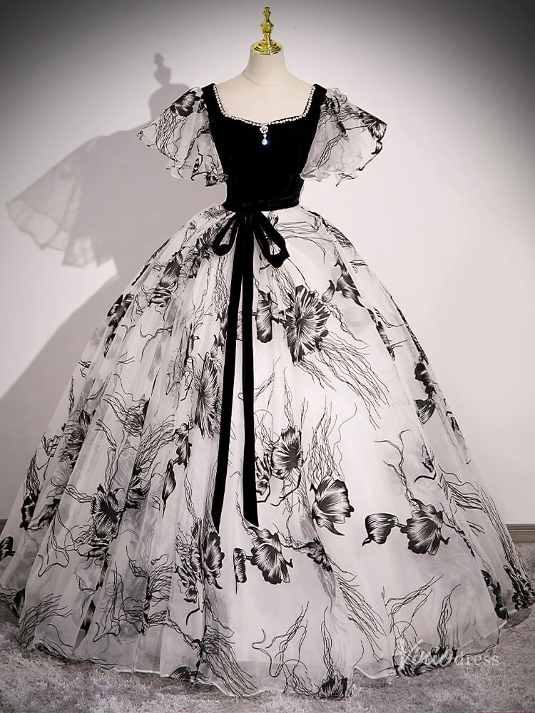 Black Floral Prom Dresses with Puffed Sleeves, Corset Back Quinceanera Dresses BG050-prom dresses 2025 -Viniodress-Black-Custom Size-