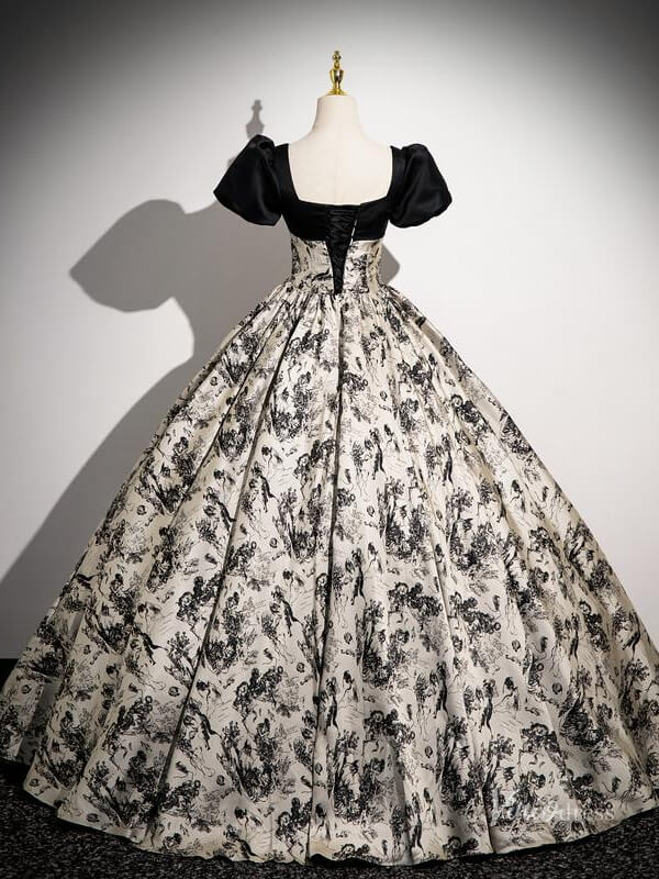 Black Floral Prom Dresses with Puffed Sleeves, Square Neck, Jacquard Quince Dresses BG039-prom dresses 2025 -Viniodress-Black-Custom Size-