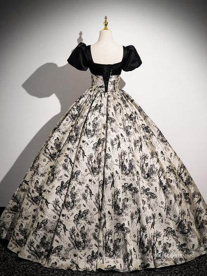 Black Floral Prom Dresses with Puffed Sleeves, Square Neck, Jacquard Quince Dresses BG039-prom dresses 2025 -Viniodress-Black-Custom Size-