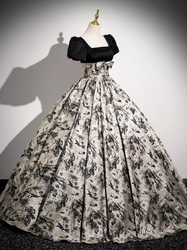 Black Floral Prom Dresses with Puffed Sleeves, Square Neck, Jacquard Quince Dresses BG039-prom dresses 2025 -Viniodress-Black-Custom Size-