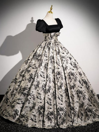 Black Floral Prom Dresses with Puffed Sleeves, Square Neck, Jacquard Quince Dresses BG039-prom dresses 2025 -Viniodress-Black-Custom Size-