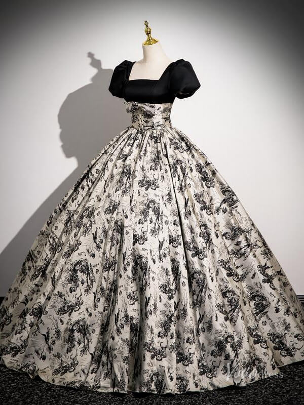 Black Floral Prom Dresses with Puffed Sleeves, Square Neck, Jacquard Quince Dresses BG039-prom dresses 2025 -Viniodress-Black-Custom Size-