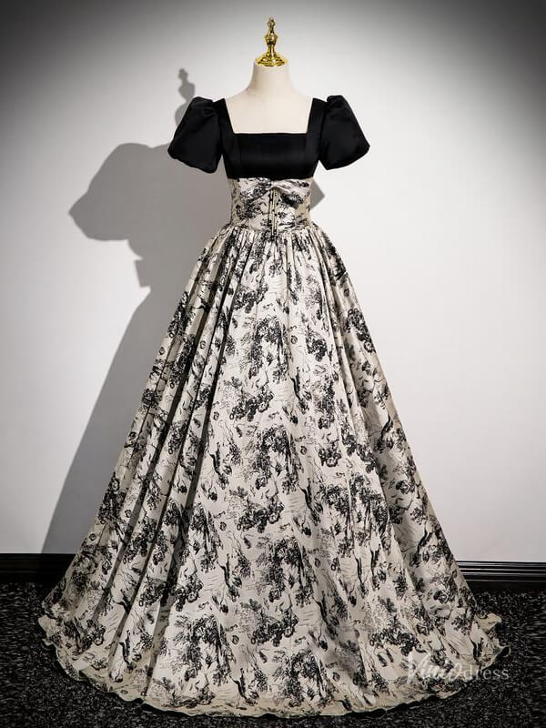 Black Floral Prom Dresses with Puffed Sleeves, Square Neck, Jacquard Quince Dresses BG039 - Viniodressprom dressesBlackCustom Size - Formal Dresses - Ball Gowns